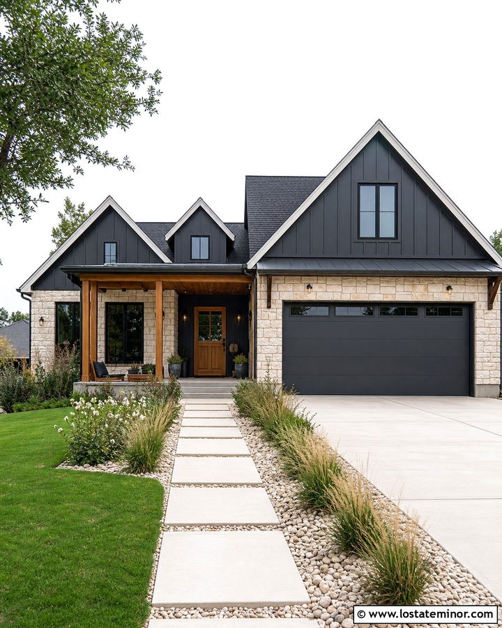 Stone House With Dark Siding Gables - 30 Stone House Design With Gables Ideas