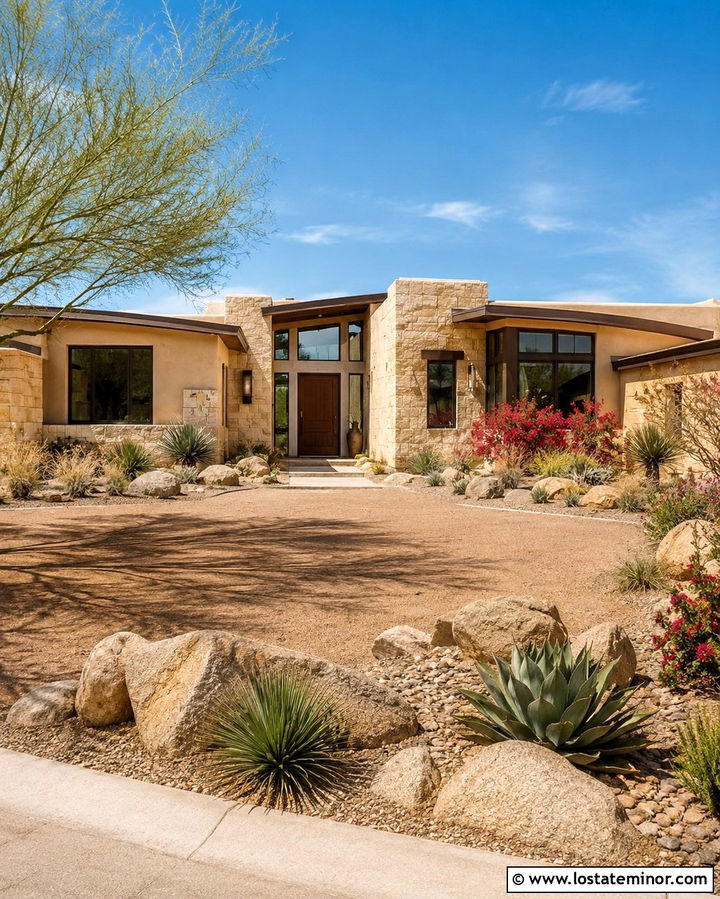 Stone House With Desert Driveway - 30 Stone House Design With Driveway Ideas