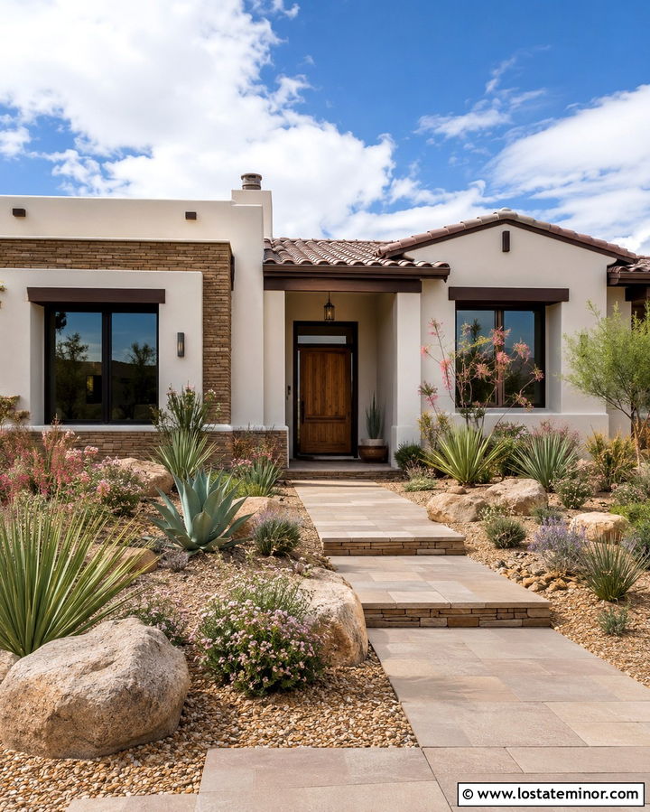 Stone House With Desert Front Yard - 30 Stone House Design With Front Yard Ideas