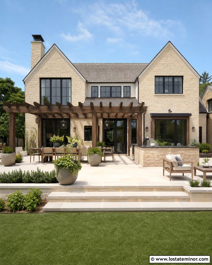 Stone House With Dining Terrace - 30 Stone House Design With Backyard Ideas