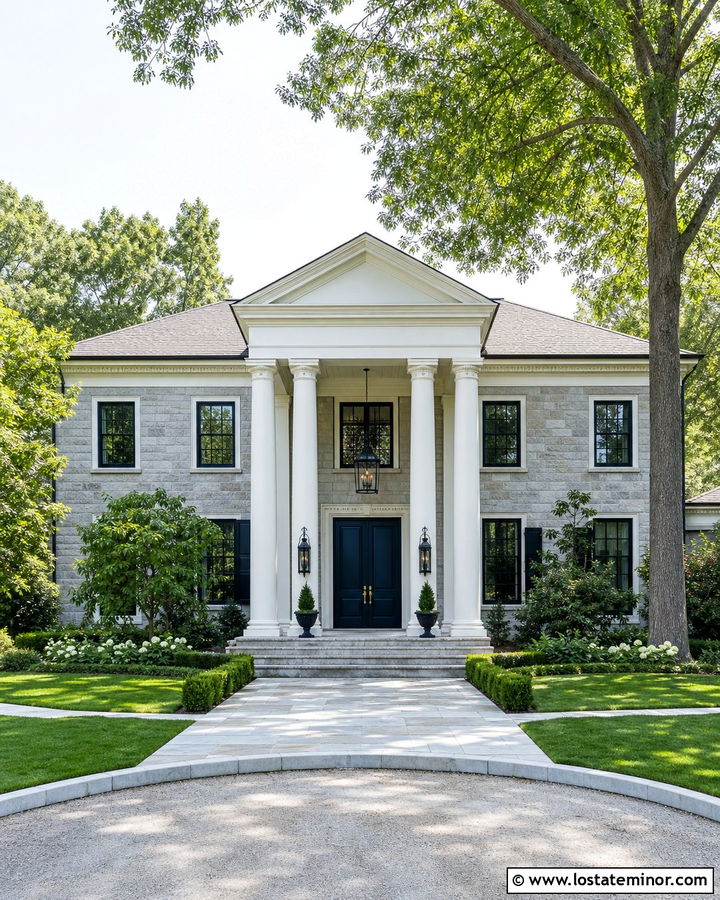 Stone House With Double Height Portico - 30 Stone House Design With Portico Ideas