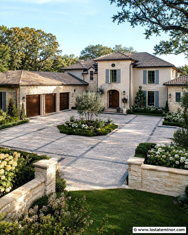 Stone House With Driveway Courtyard - 30 Stone House Design With Driveway Ideas