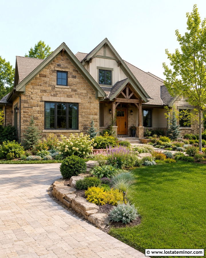 Stone House With Driveway Garden Border - 30 Stone House Design With Driveway Ideas