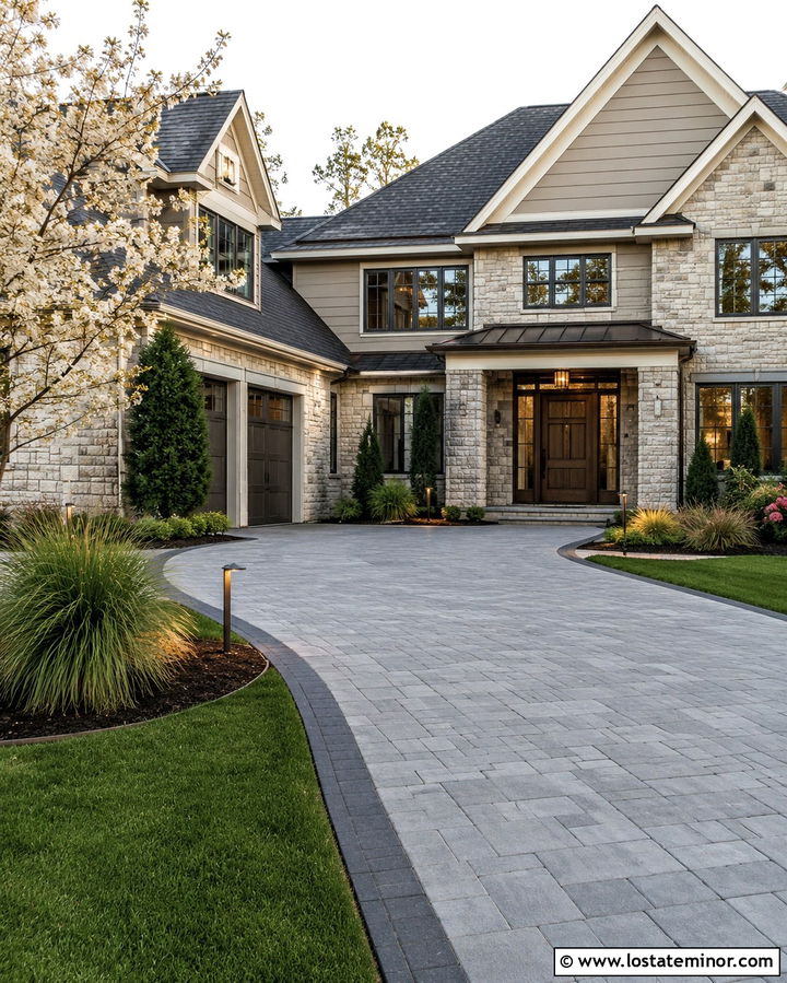 Stone House With Driveway Lighting - 30 Stone House Design With Driveway Ideas