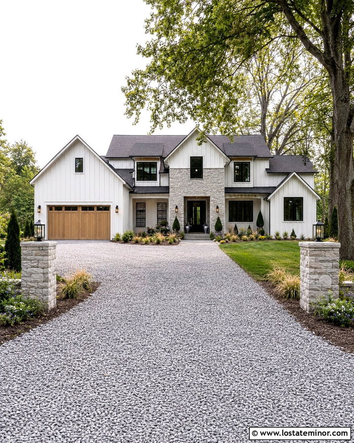 Stone House With Driveway Stone Columns - 30 Stone House Design With Driveway Ideas