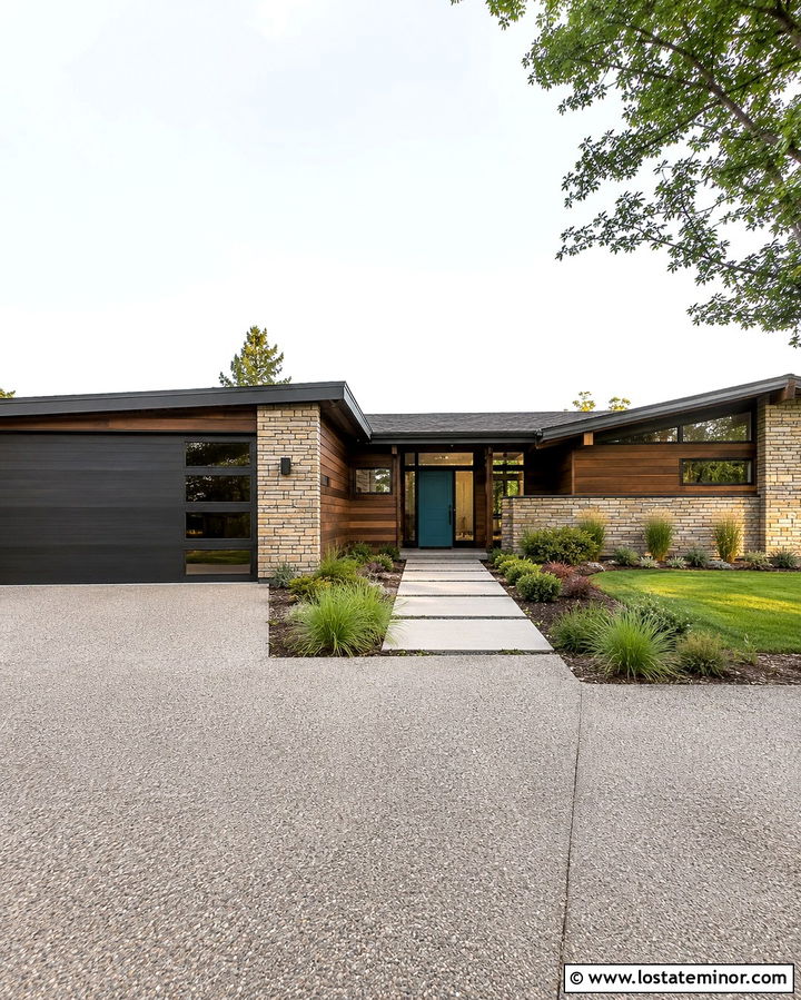 Stone House With Exposed Aggregate Driveway - 30 Stone House Design With Driveway Ideas