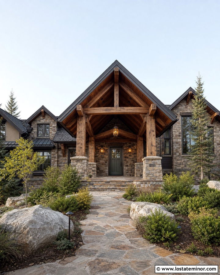 Stone House With Exposed Timber Porch Ceiling - 30 Stone House Design With Porch Ceiling Ideas