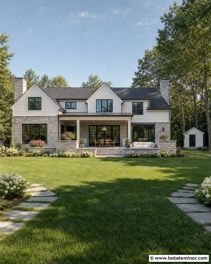 Stone House With Family Lawn - 30 Stone House Design With Backyard Ideas