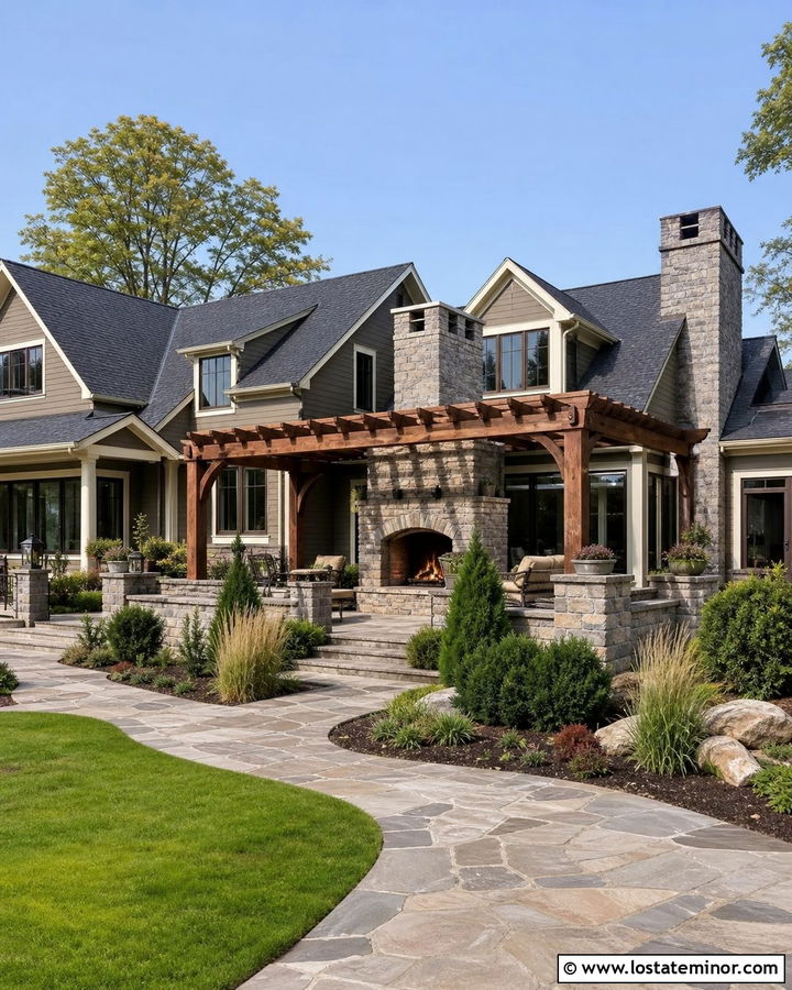 Stone House With Fireplace Pergola - 30 Stone House Design With Pergola Ideas