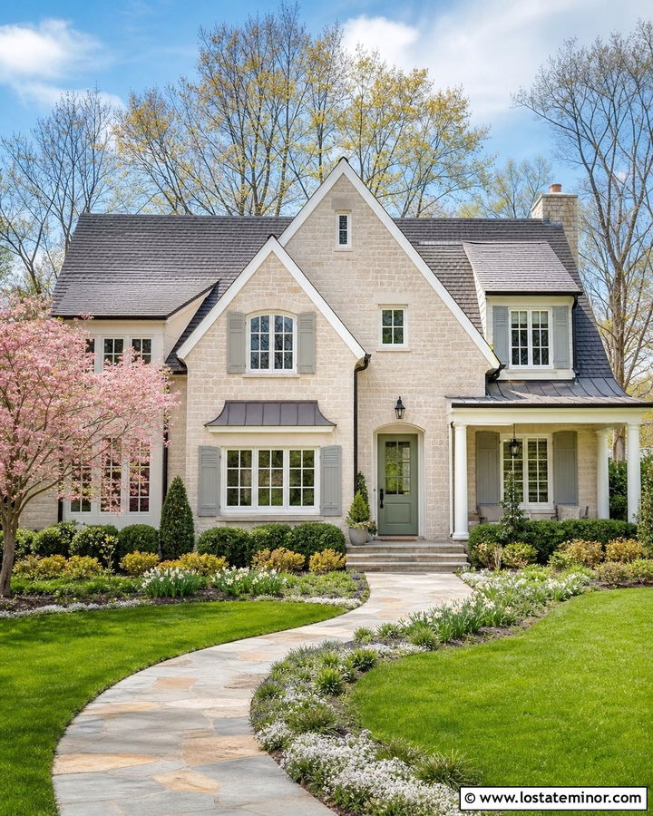 Stone House With Flowering Tree Landscaping - 30 Stone House Design With Landscaping Ideas