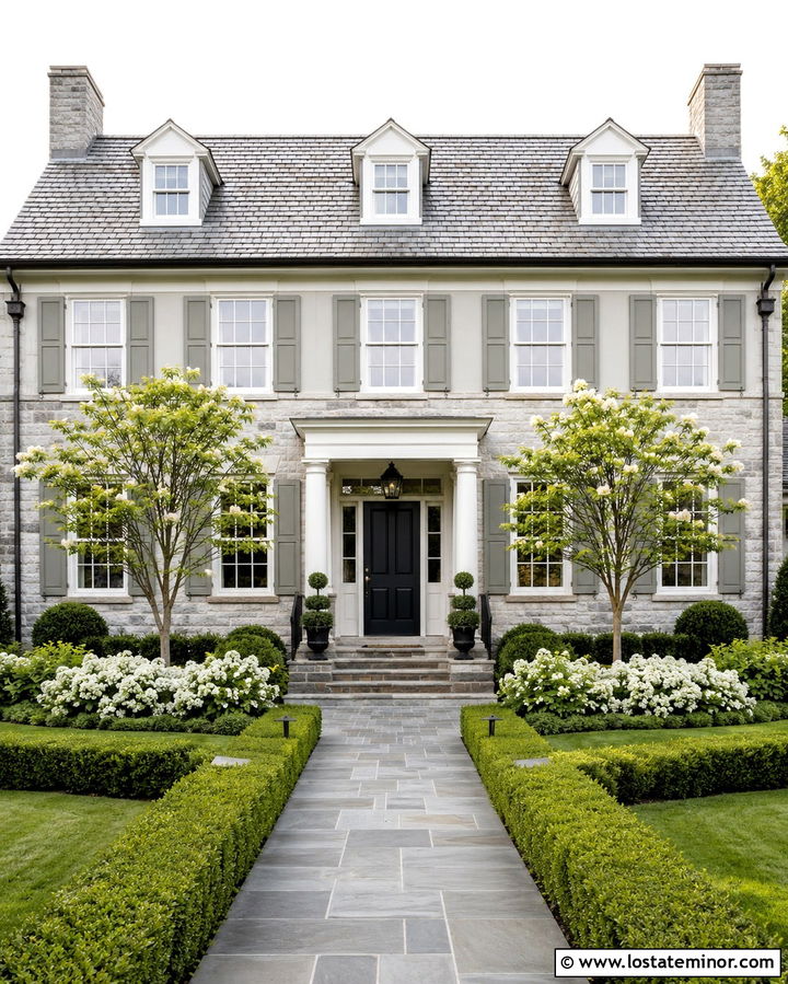 Stone House With Formal Boxwood Yard - 30 Stone House Design With Front Yard Ideas