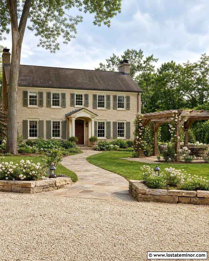 Stone House With Freestanding Pergola - 30 Stone House Design With Pergola Ideas