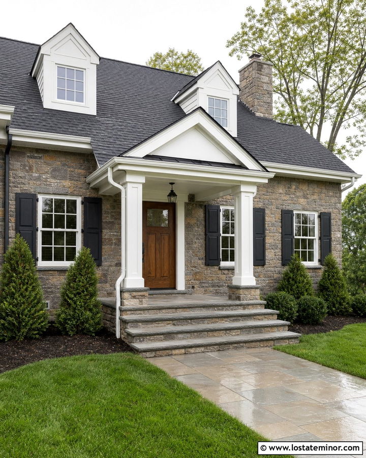 Stone House With Gable Portico - 30 Stone House Design With Portico Ideas