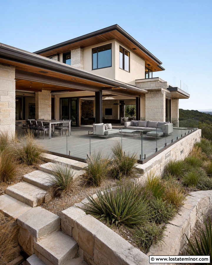 Stone House With Glass Railing Deck - 30 Stone House Design With Deck Ideas