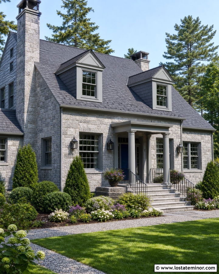 Stone House With Gray Window Frames - 30 Stone House Design With Window Frames Ideas