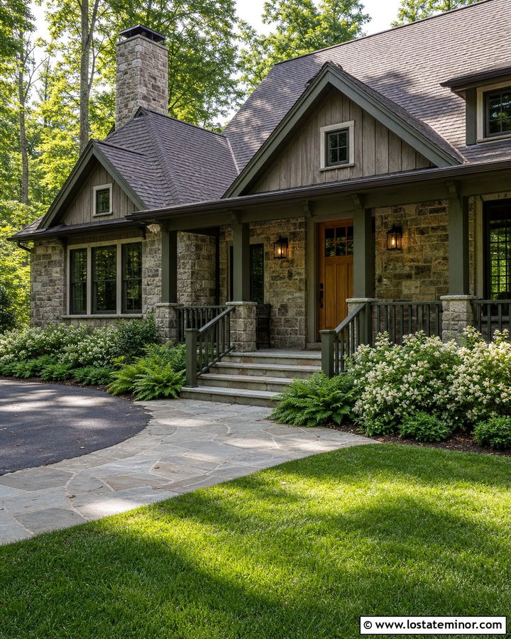 Stone House With Green Painted Railings - 30 Stone House Design With Railings Ideas