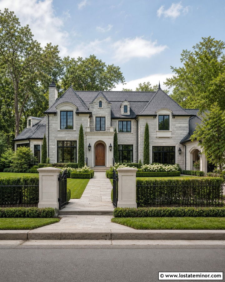 Stone House With Hedge And Iron Fence - 30 Stone House Design With Fence Ideas
