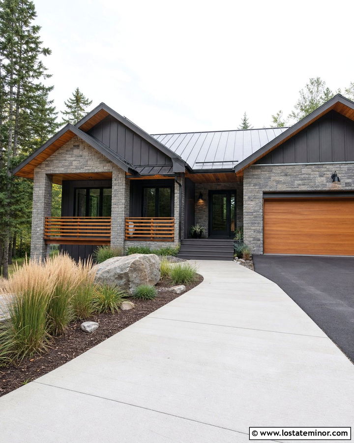 Stone House With Horizontal Wood Railings - 30 Stone House Design With Railings Ideas