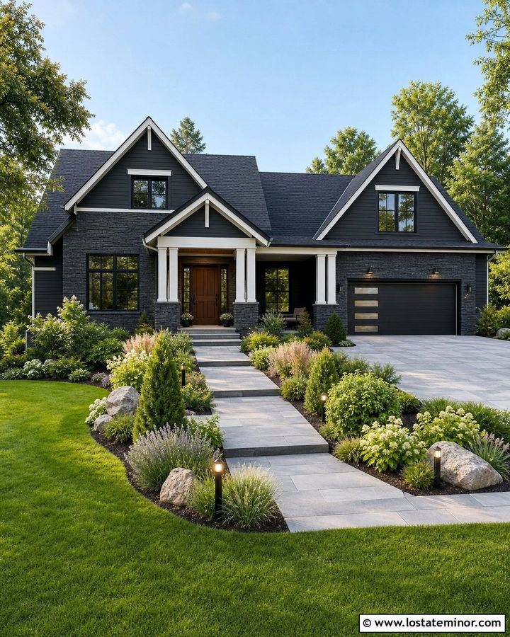 Stone House With Landscape Lighting - 30 Stone House Design With Landscaping Ideas