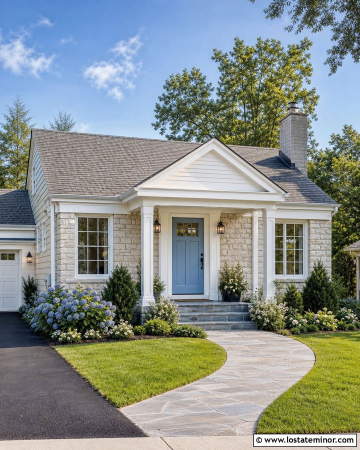 Stone House With Light Blue Entry Door - 30 Stone House Design With Entry Door Ideas