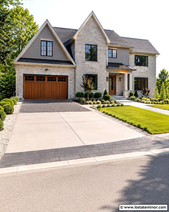 Stone House With Mixed Material Driveway - 30 Stone House Design With Driveway Ideas