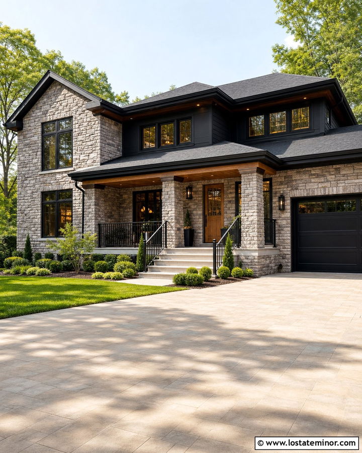 Stone House With Mixed Wood And Black Windows - 30 Stone House Design With Window Frames Ideas