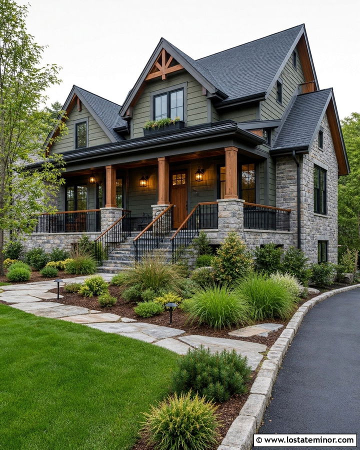 Stone House With Mixed Wood And Metal Railings - 30 Stone House Design With Railings Ideas