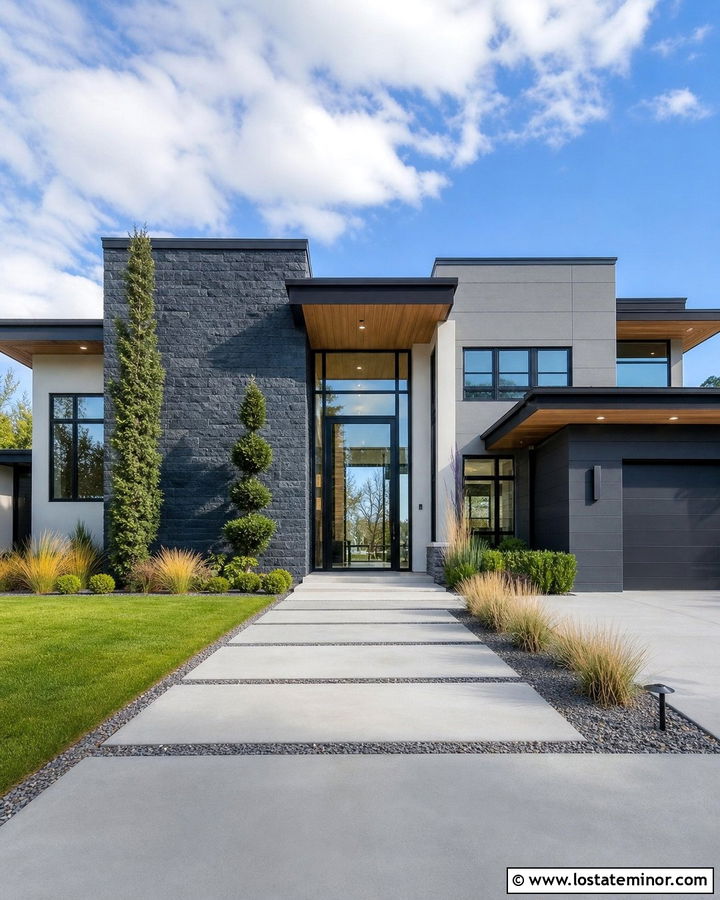 Stone House With Modern Glass Entry Door - 30 Stone House Design With Entry Door Ideas
