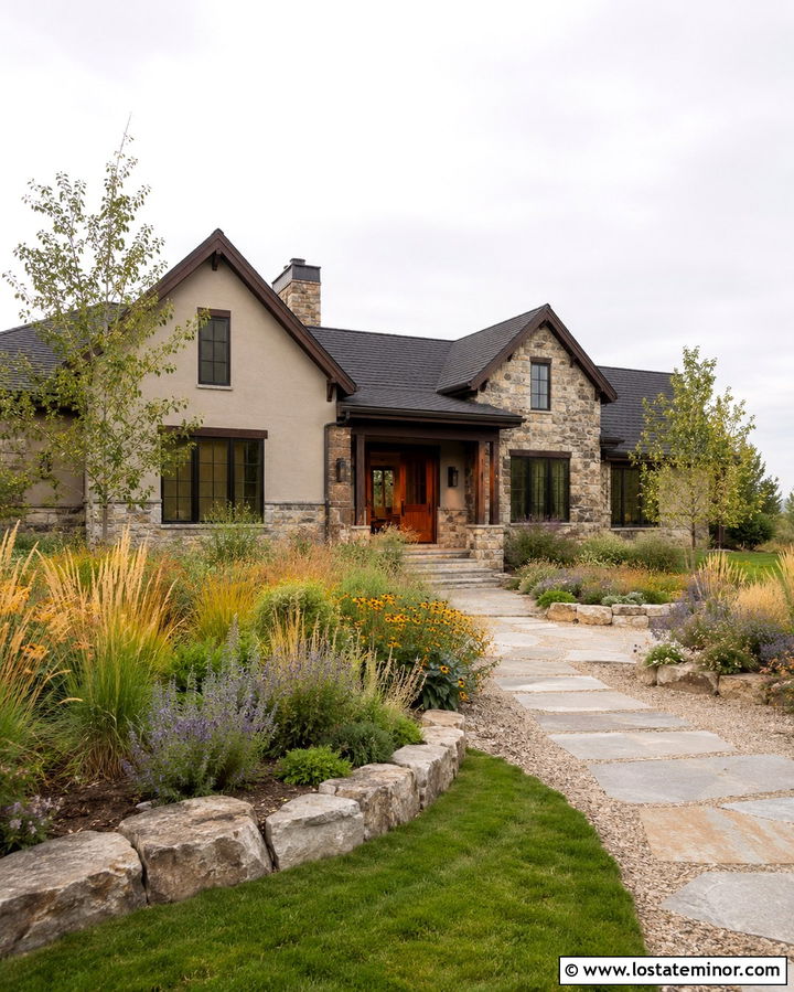 Stone House With Native Meadow Yard - 30 Stone House Design With Front Yard Ideas