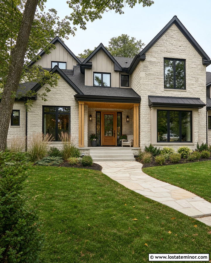 Stone House With Natural Oak Entry Door - 30 Stone House Design With Entry Door Ideas