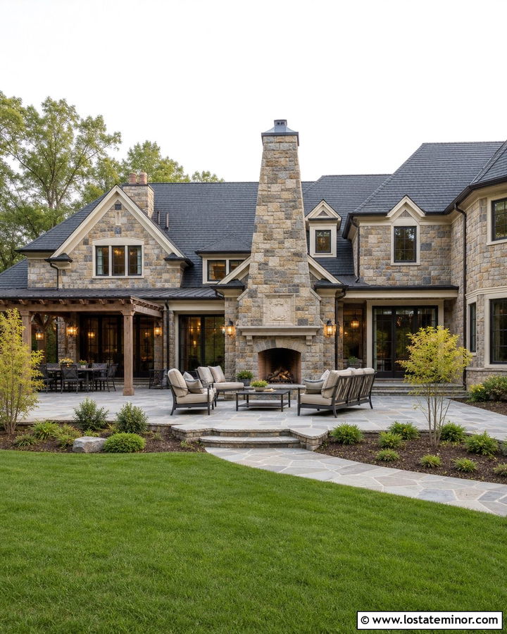 Stone House With Outdoor Fireplace - 30 Stone House Design With Backyard Ideas