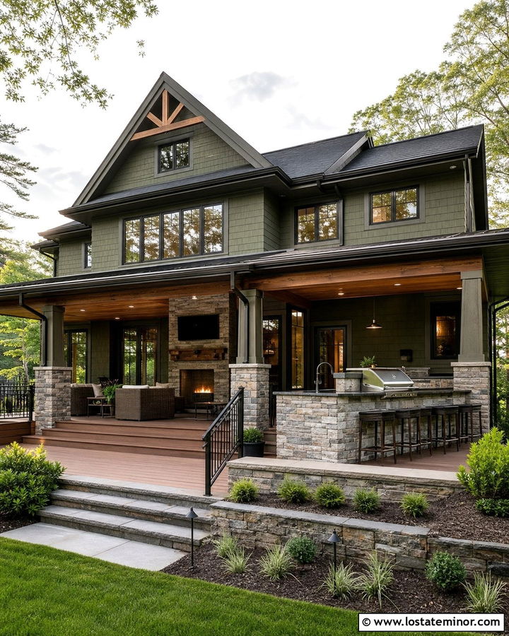 Stone House With Outdoor Kitchen Deck - 30 Stone House Design With Deck Ideas