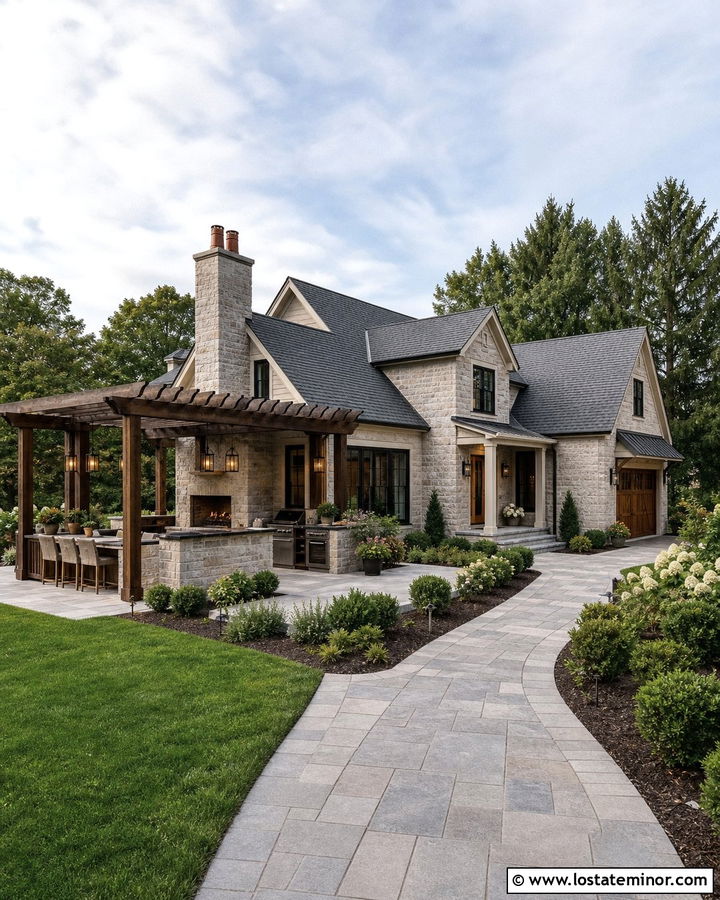 Stone House With Outdoor Kitchen Pergola - 30 Stone House Design With Pergola Ideas