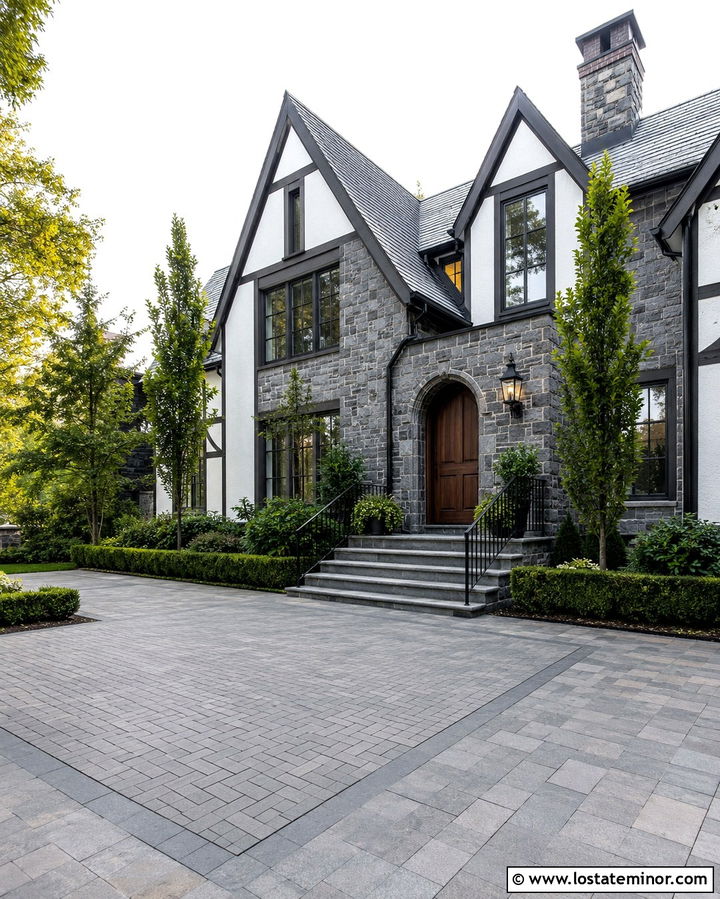 Stone House With Patterned Paver Driveway - 30 Stone House Design With Driveway Ideas
