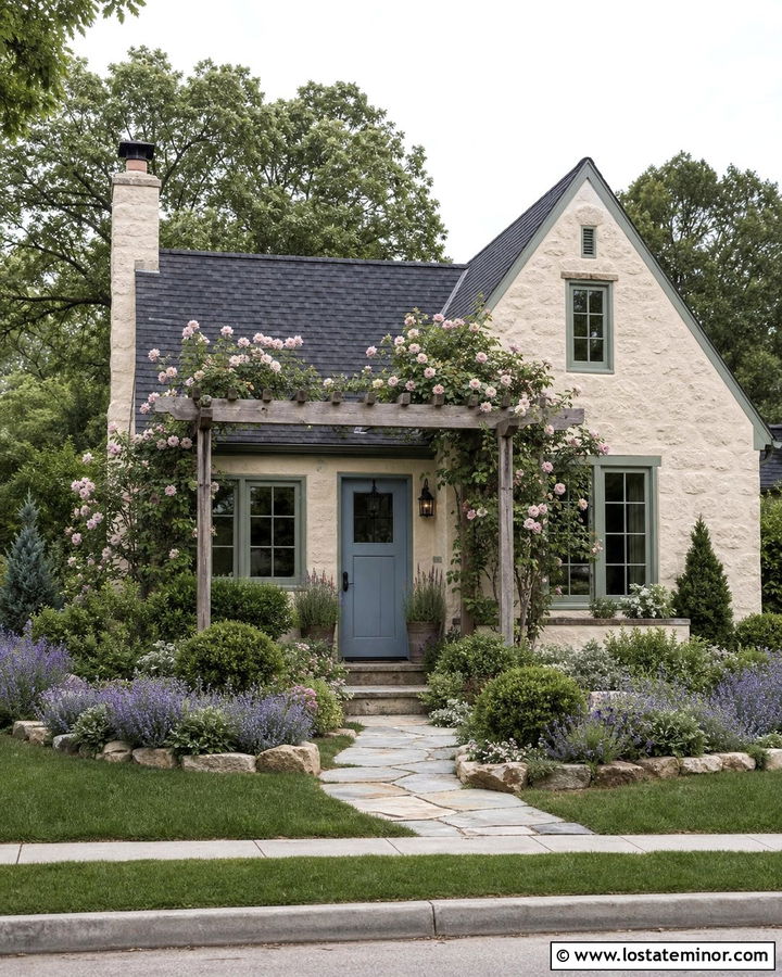 Stone House With Pergola And Climbing Roses - 30 Stone House Design With Pergola Ideas