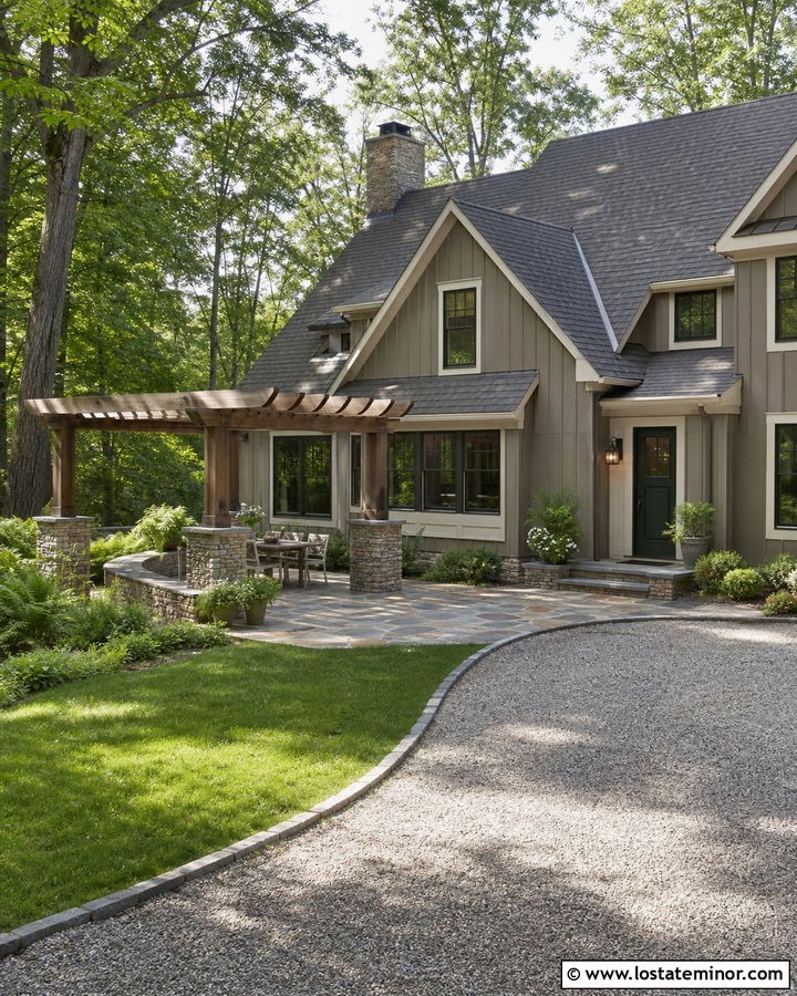 Stone House With Pergola And Flagstone Patio - 30 Stone House Design With Pergola Ideas