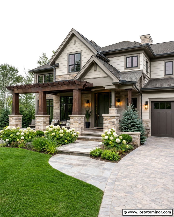 Stone House With Pergola And Stone Columns - 30 Stone House Design With Pergola Ideas
