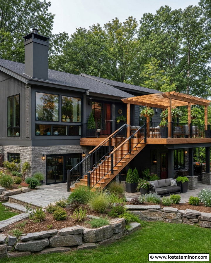 Stone House With Pergola And Wood Deck - 30 Stone House Design With Pergola Ideas