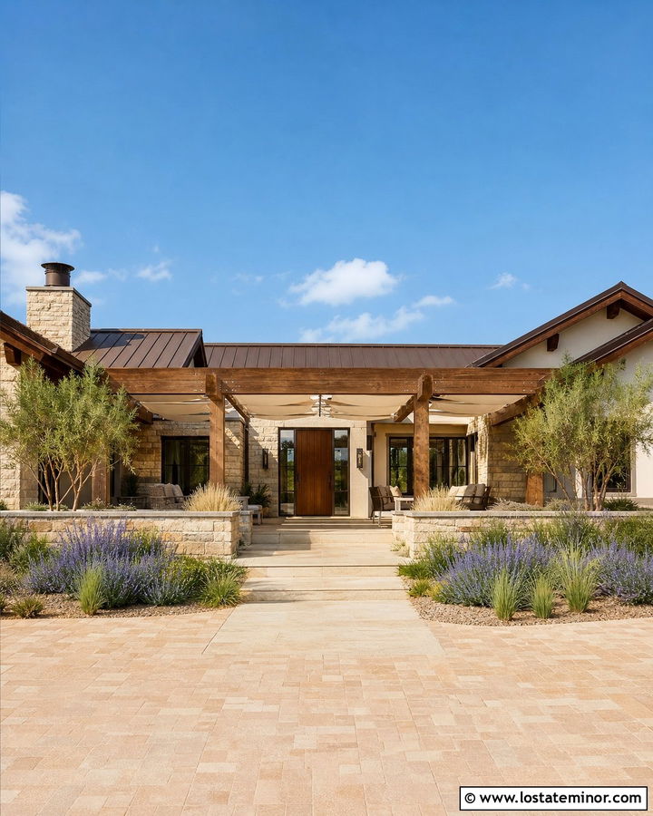 Stone House With Pergola Awning - 30 Stone House Design With Awning Ideas