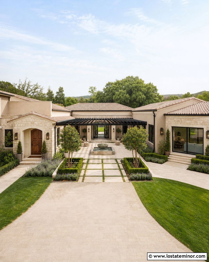 Stone House With Pergola Courtyard - 30 Stone House Design With Pergola Ideas