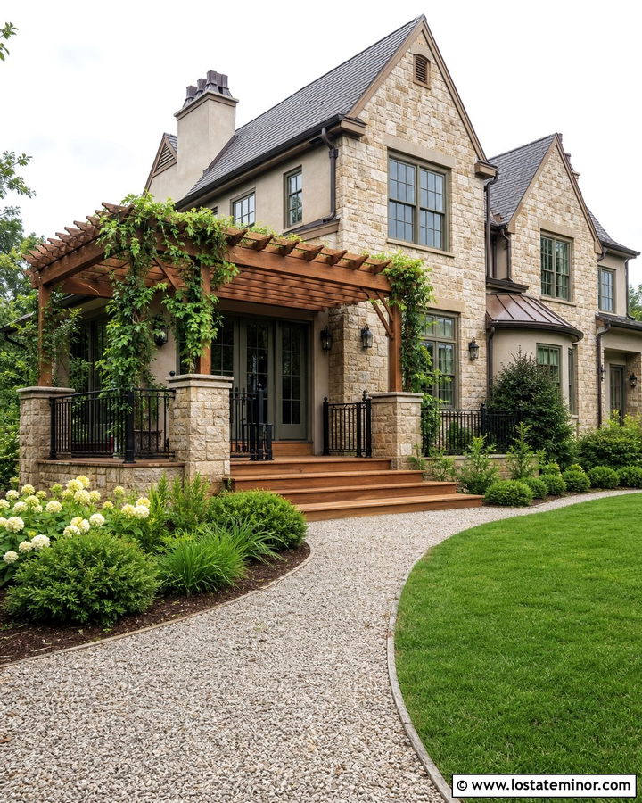 Stone House With Pergola Deck - 30 Stone House Design With Deck Ideas