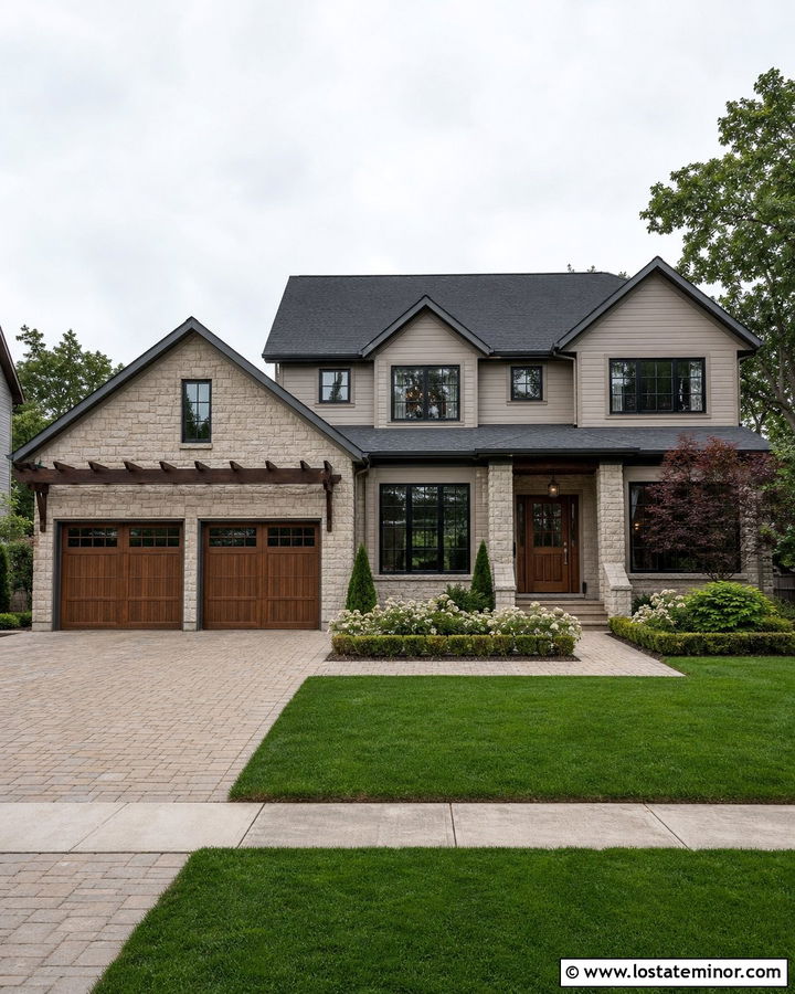 Stone House With Pergola Over Garage - 30 Stone House Design With Pergola Ideas