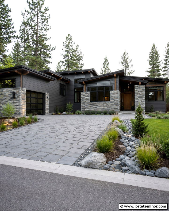 Stone House With Permeable Paver Driveway - 30 Stone House Design With Driveway Ideas