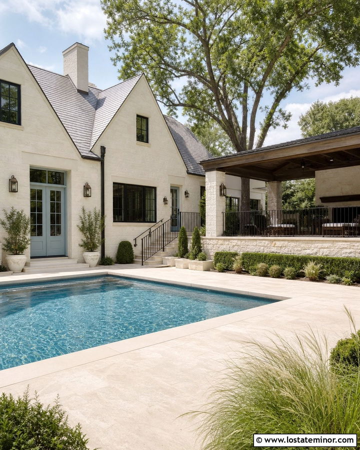 Stone House With Poolside Deck - 30 Stone House Design With Deck Ideas