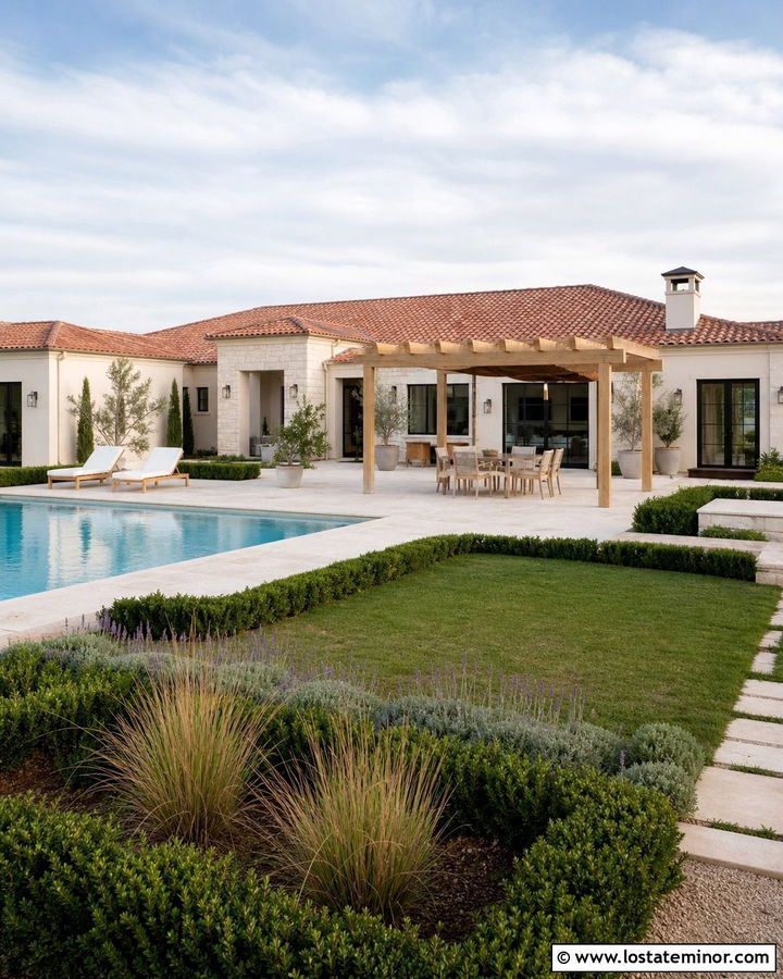 Stone House With Poolside Pergola - 30 Stone House Design With Pergola Ideas