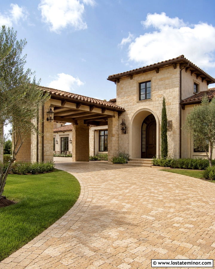 Stone House With Porte Cochere Driveway - 30 Stone House Design With Driveway Ideas