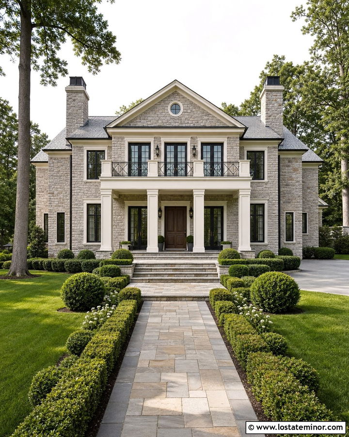 Stone House With Portico Balcony - 30 Stone House Design With Portico Ideas
