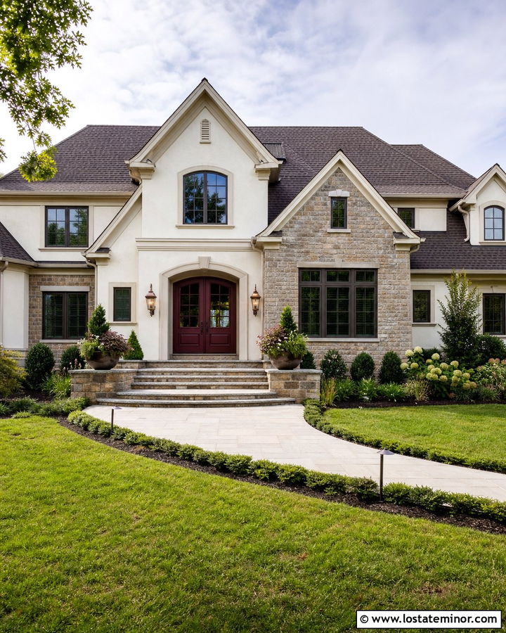 Stone House With Red Double Front Doors - 30 Stone House Design With Front Door Ideas
