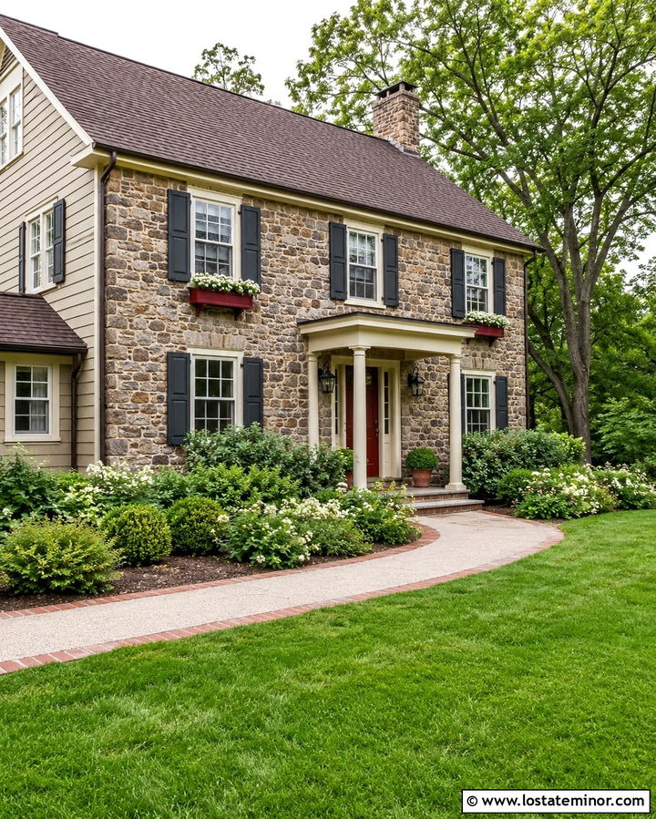 Stone House With Red Window Boxes - 30 Stone House Design With Window Boxes Ideas