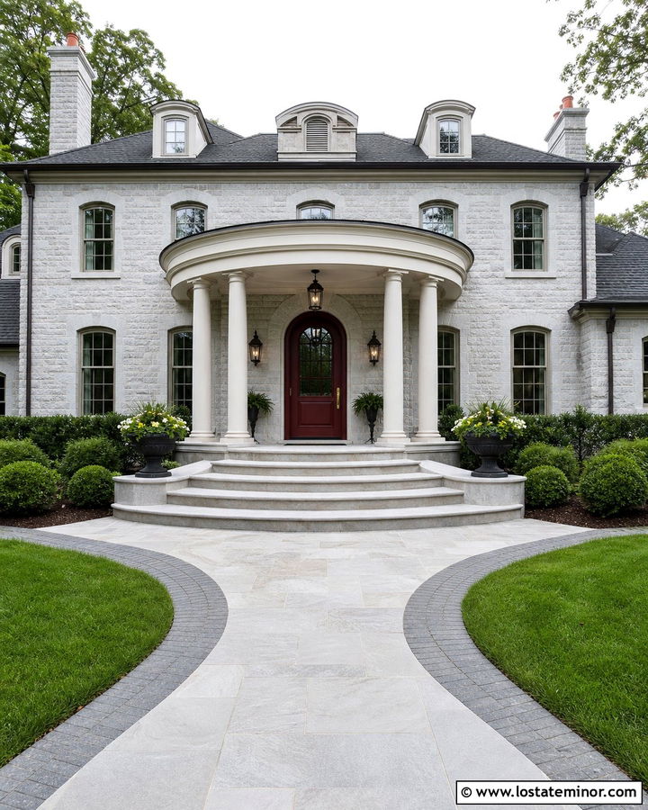 Stone House With Rounded Portico - 30 Stone House Design With Portico Ideas